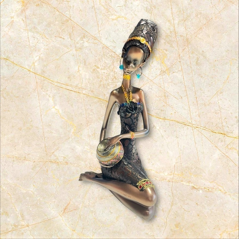 African Woman Figurine Hand Painted Tribal Culture Sculpture 10.5" Decor - Picture 3 of 14